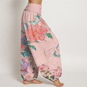 Buddha Stones Casual Bright Peony Flower Grass Women's Elastic Waist Harem Pants