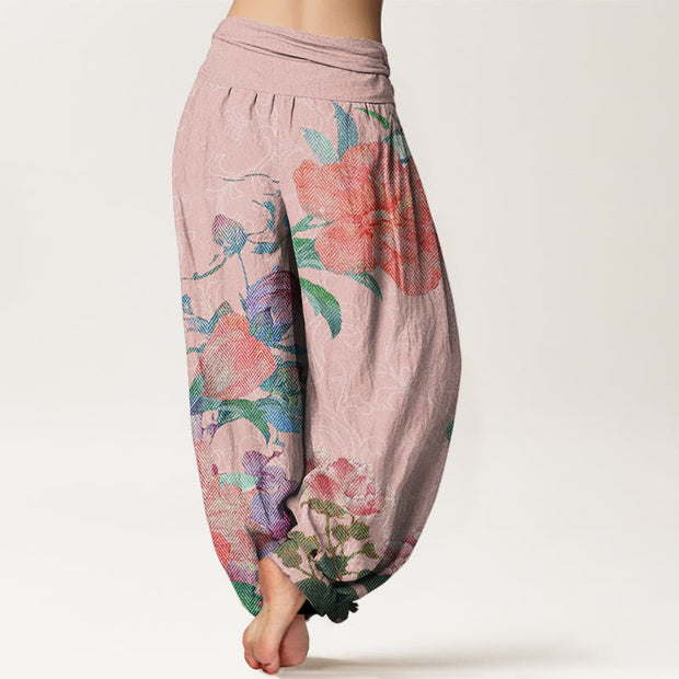 Buddha Stones Casual Bright Peony Flower Grass Women's Elastic Waist Harem Pants