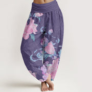 Buddha Stones Casual Bright Peony Flower Grass Women's Elastic Waist Harem Pants