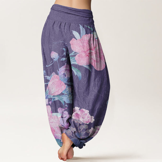 Buddha Stones Casual Bright Peony Flower Grass Women's Elastic Waist Harem Pants