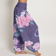 Buddha Stones Casual Bright Peony Flower Grass Women's Elastic Waist Harem Pants