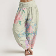 Buddha Stones Casual Bright Peony Flower Grass Women's Elastic Waist Harem Pants