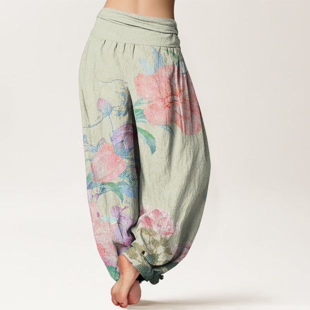 Buddha Stones Casual Bright Peony Flower Grass Women's Elastic Waist Harem Pants