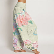 Buddha Stones Casual Bright Peony Flower Grass Women's Elastic Waist Harem Pants