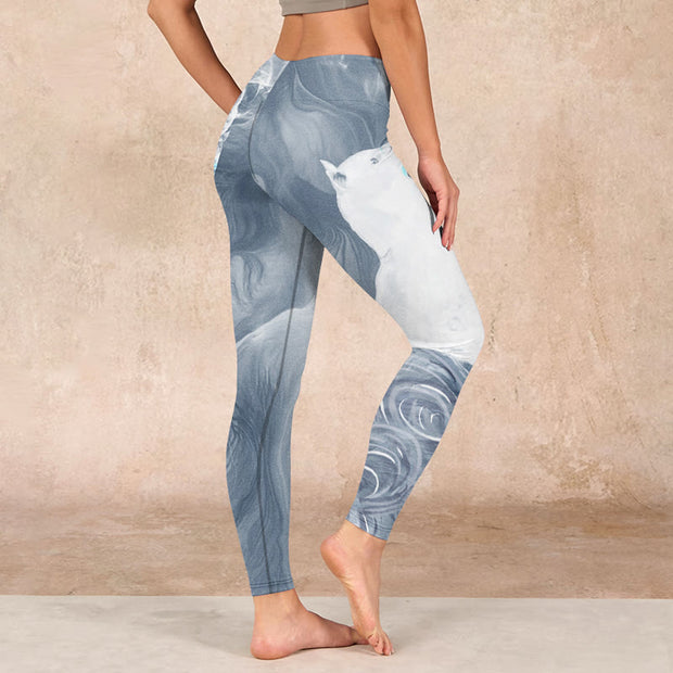 Buddha Stones Light Slate Gray White Cat Exercise Leggings Women's Yoga Pants