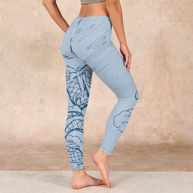 Buddha Stones Blue Soaring Dragon Swirling Clouds Print Gym Leggings Women's Yoga Pants - image 3