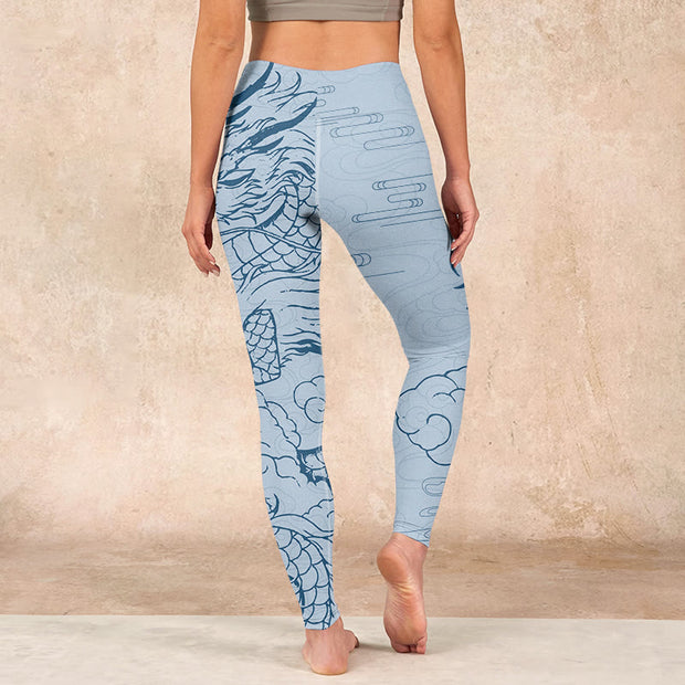 Buddha Stones Blue Soaring Dragon Swirling Clouds Print Gym Leggings Women's Yoga Pants