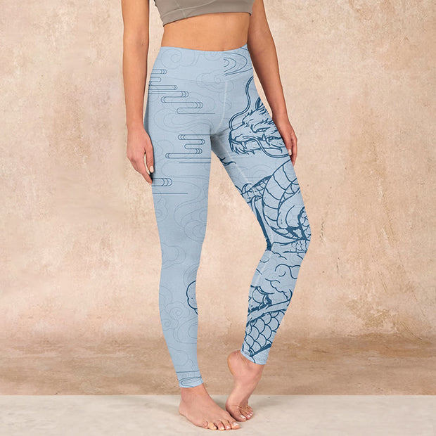 Buddha Stones Blue Soaring Dragon Swirling Clouds Print Gym Leggings Women's Yoga Pants - LightSkyBlue - US18，UK/AU22，EU50 (4XL) - image 1