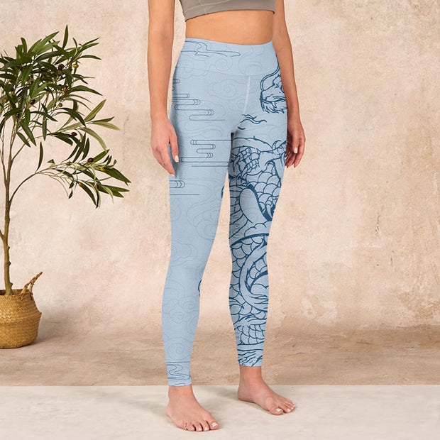 Buddha Stones Blue Soaring Dragon Swirling Clouds Print Gym Leggings Women's Yoga Pants - image 4