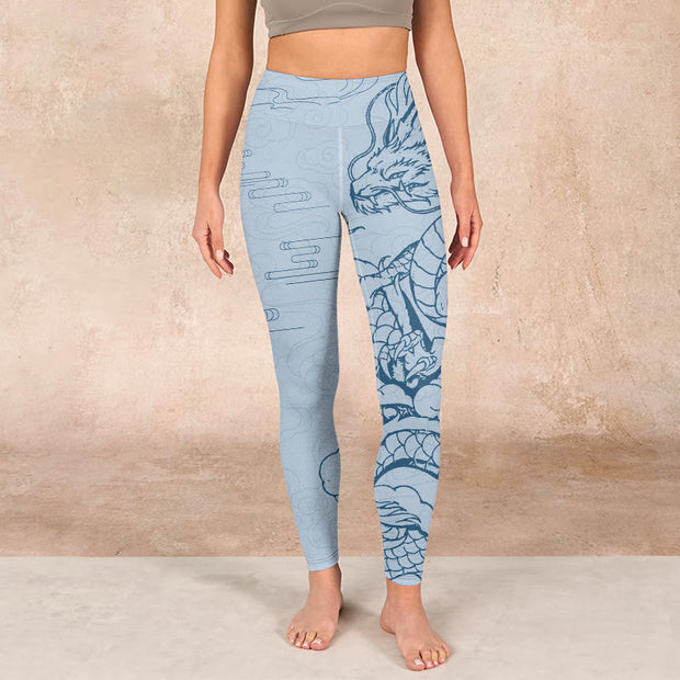 Buddha Stones Blue Soaring Dragon Swirling Clouds Print Gym Leggings Women's Yoga Pants - image 2