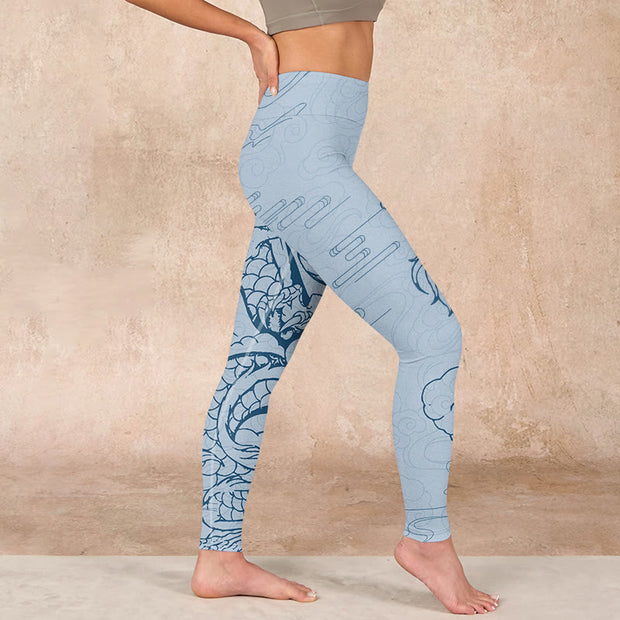 Buddha Stones Blue Soaring Dragon Swirling Clouds Print Gym Leggings Women's Yoga Pants - image 17