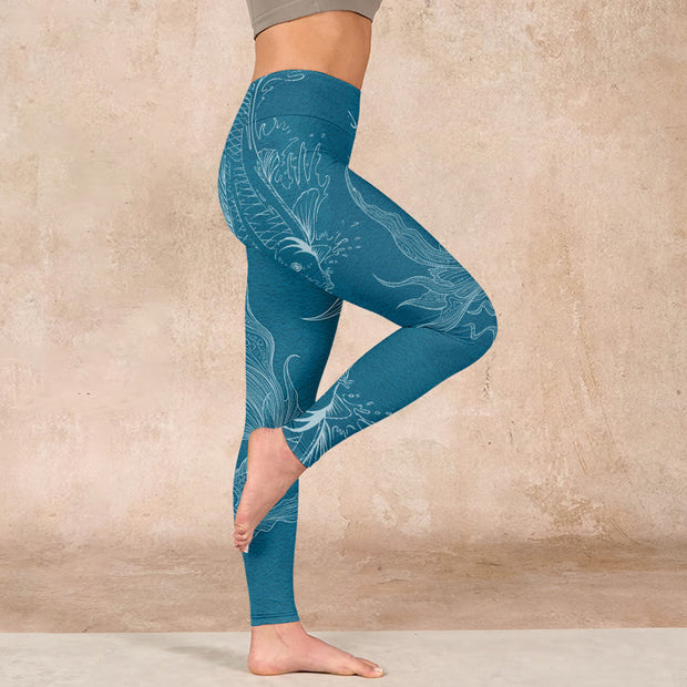 Buddha Stones Blue Koi Fish Flowing Waves Print Gym Leggings Women's Yoga Pants