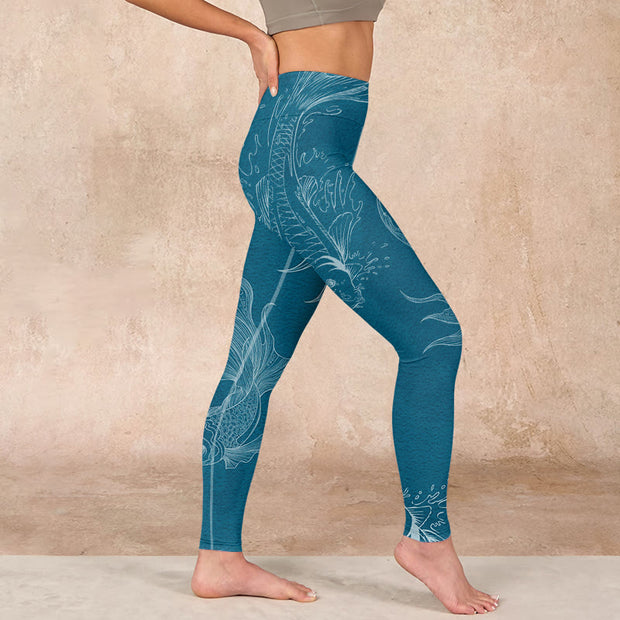 Buddha Stones Blue Koi Fish Flowing Waves Print Gym Leggings Women's Yoga Pants - image 17