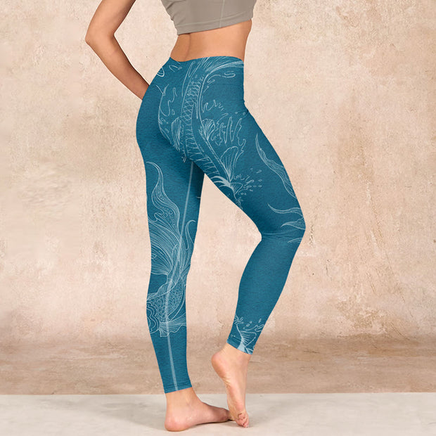 Buddha Stones Blue Koi Fish Flowing Waves Print Gym Leggings Women's Yoga Pants - image 3