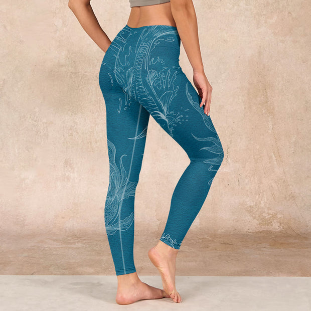 Buddha Stones Blue Koi Fish Flowing Waves Print Gym Leggings Women's Yoga Pants - image 15
