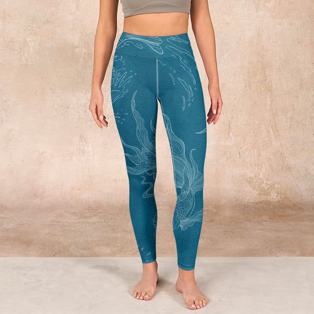 Buddha Stones Blue Koi Fish Flowing Waves Print Gym Leggings Women's Yoga Pants - image 2