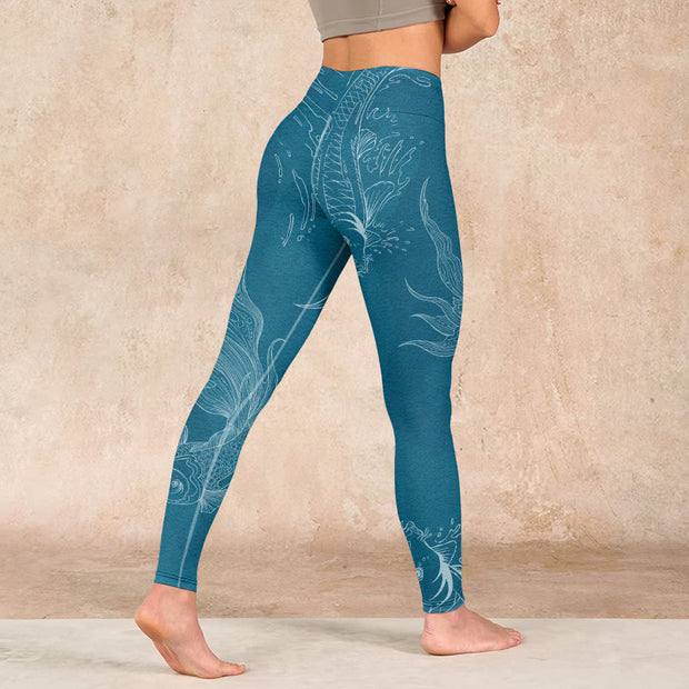 Buddha Stones Blue Koi Fish Flowing Waves Print Gym Leggings Women's Yoga Pants