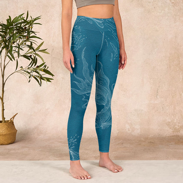 Buddha Stones Blue Koi Fish Flowing Waves Print Gym Leggings Women's Yoga Pants