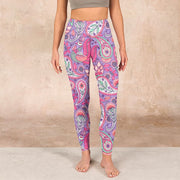 Buddha Stones Purple Pink Cashew Flower Sunflower Print Gym Fitness Leggings Women's Yoga Pants