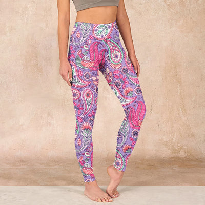 Buddha Stones Purple Pink Cashew Flower Sunflower Print Gym Fitness Leggings Women's Yoga Pants