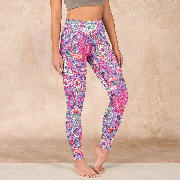 Buddha Stones Purple Pink Cashew Flower Sunflower Print Gym Fitness Leggings Women's Yoga Pants