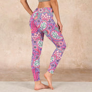 Buddha Stones Purple Pink Cashew Flower Sunflower Print Gym Fitness Leggings Women's Yoga Pants