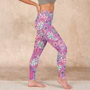 Buddha Stones Purple Pink Cashew Flower Sunflower Print Gym Fitness Leggings Women's Yoga Pants