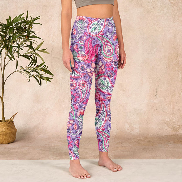 Buddha Stones Purple Pink Cashew Flower Sunflower Print Gym Fitness Leggings Women's Yoga Pants