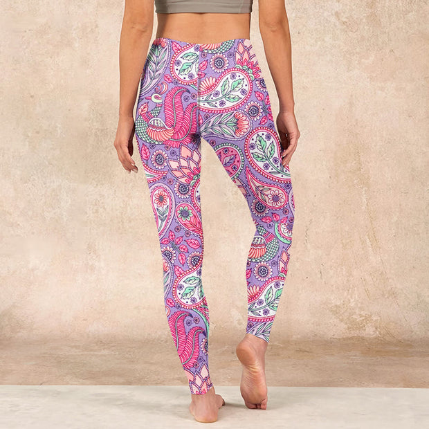 Buddha Stones Purple Pink Cashew Flower Sunflower Print Gym Fitness Leggings Women's Yoga Pants Leggings BS 15