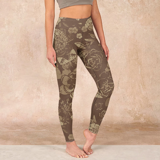 Buddha Stones Peony Flowers Leaves Blossom Print Gym Fitness Leggings Women's Yoga Pants - DarkKhaki - US18，UK/AU22，EU50 (4XL) - image 18