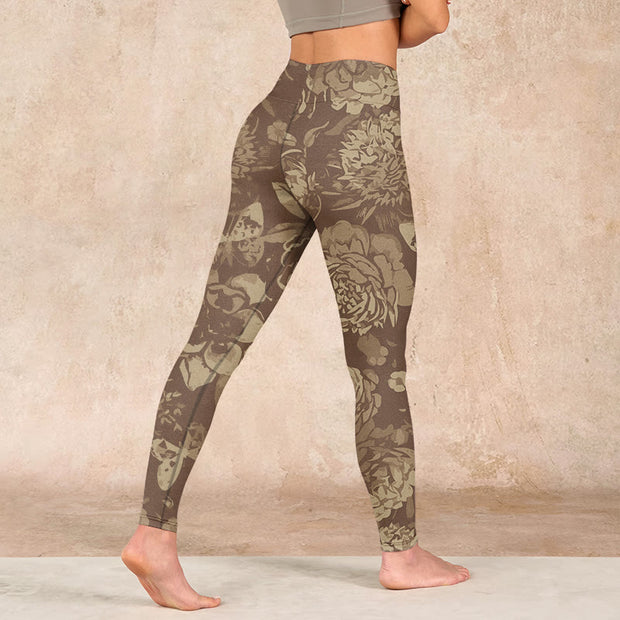 Buddha Stones Peony Flowers Leaves Blossom Print Gym Fitness Leggings Women's Yoga Pants Leggings BS 22