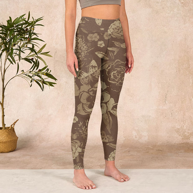 Buddha Stones Peony Flowers Leaves Blossom Print Gym Fitness Leggings Women's Yoga Pants