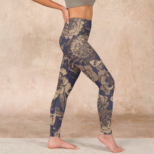 Buddha Stones Peony Flowers Leaves Blossom Print Gym Fitness Leggings Women's Yoga Pants