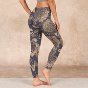 Buddha Stones Peony Flowers Leaves Blossom Print Gym Fitness Leggings Women's Yoga Pants