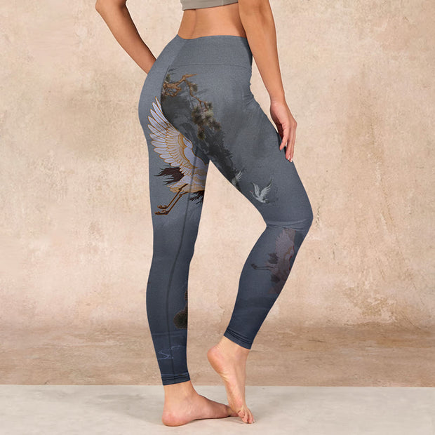 Buddha Stones Auspicious White Crane Pine Tree Print Gym Leggings Women's Yoga Pants - image 15