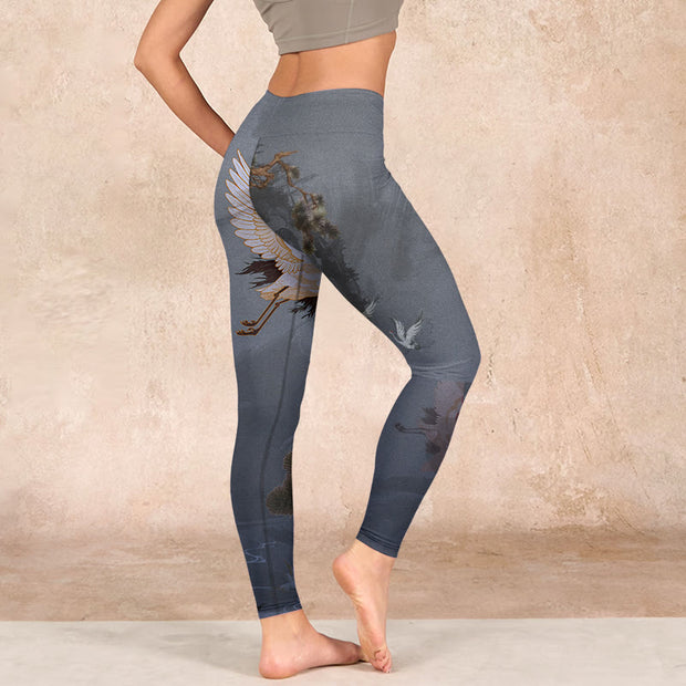 Buddha Stones Auspicious White Crane Pine Tree Print Gym Leggings Women's Yoga Pants - image 3
