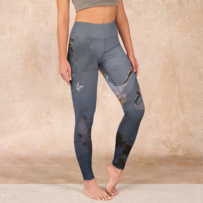Buddha Stones Auspicious White Crane Pine Tree Print Gym Leggings Women's Yoga Pants - Gray - US18，UK/AU22，EU50 (4XL) - image 1