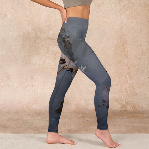 Buddha Stones Auspicious White Crane Pine Tree Print Gym Leggings Women's Yoga Pants - image 17