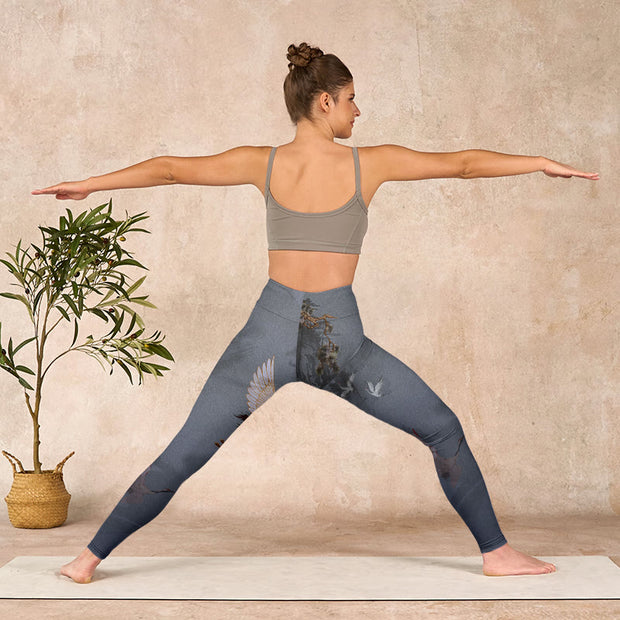 Buddha Stones Auspicious White Crane Pine Tree Print Gym Leggings Women's Yoga Pants - image 11