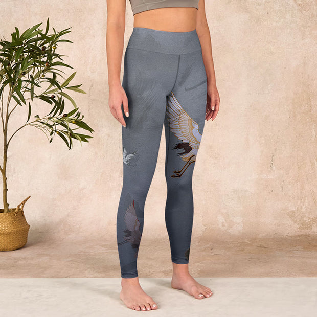 Buddha Stones Auspicious White Crane Pine Tree Print Gym Leggings Women's Yoga Pants - image 4