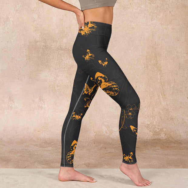 Buddha Stones Dark Grey Butterflies Peony Flowers Print Gym Leggings Women's Yoga Pants Leggings BS 17