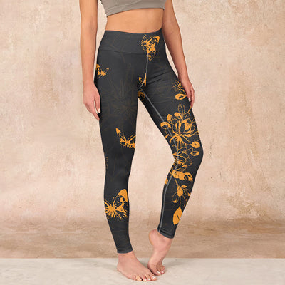 Buddha Stones Dark Grey Butterflies Peony Flowers Print Gym Leggings Women's Yoga Pants - DarkSlateGray - US18，UK/AU22，EU50 (4XL) - image 1