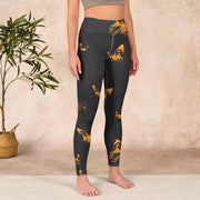 Buddha Stones Dark Grey Butterflies Peony Flowers Print Gym Leggings Women's Yoga Pants