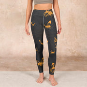 Buddha Stones Dark Grey Butterflies Peony Flowers Print Gym Leggings Women's Yoga Pants