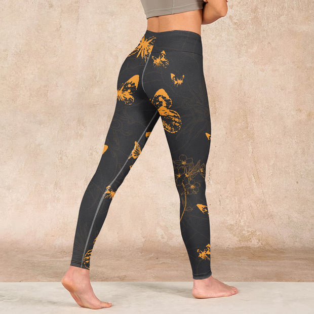 Buddha Stones Dark Grey Butterflies Peony Flowers Print Gym Leggings Women's Yoga Pants - image 5