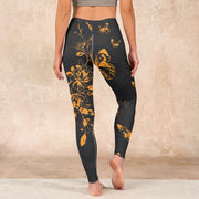 Buddha Stones Dark Grey Butterflies Peony Flowers Print Gym Leggings Women's Yoga Pants