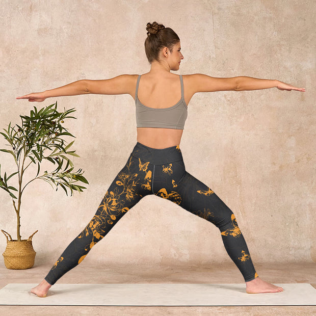 Buddha Stones Dark Grey Butterflies Peony Flowers Print Gym Leggings Women's Yoga Pants - image 11