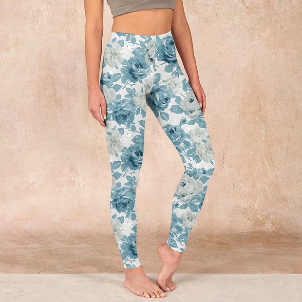 Buddha Stones Green White Flower Gym Leggings Women's Yoga Pants