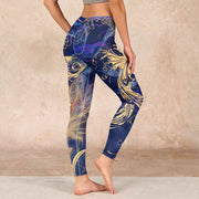 Buddha Stones Blue Koi Fish Auspicious Clouds Print Gym Leggings Women's Yoga Pants