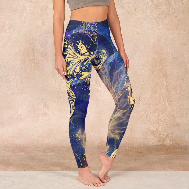 Buddha Stones Blue Koi Fish Auspicious Clouds Print Gym Leggings Women's Yoga Pants